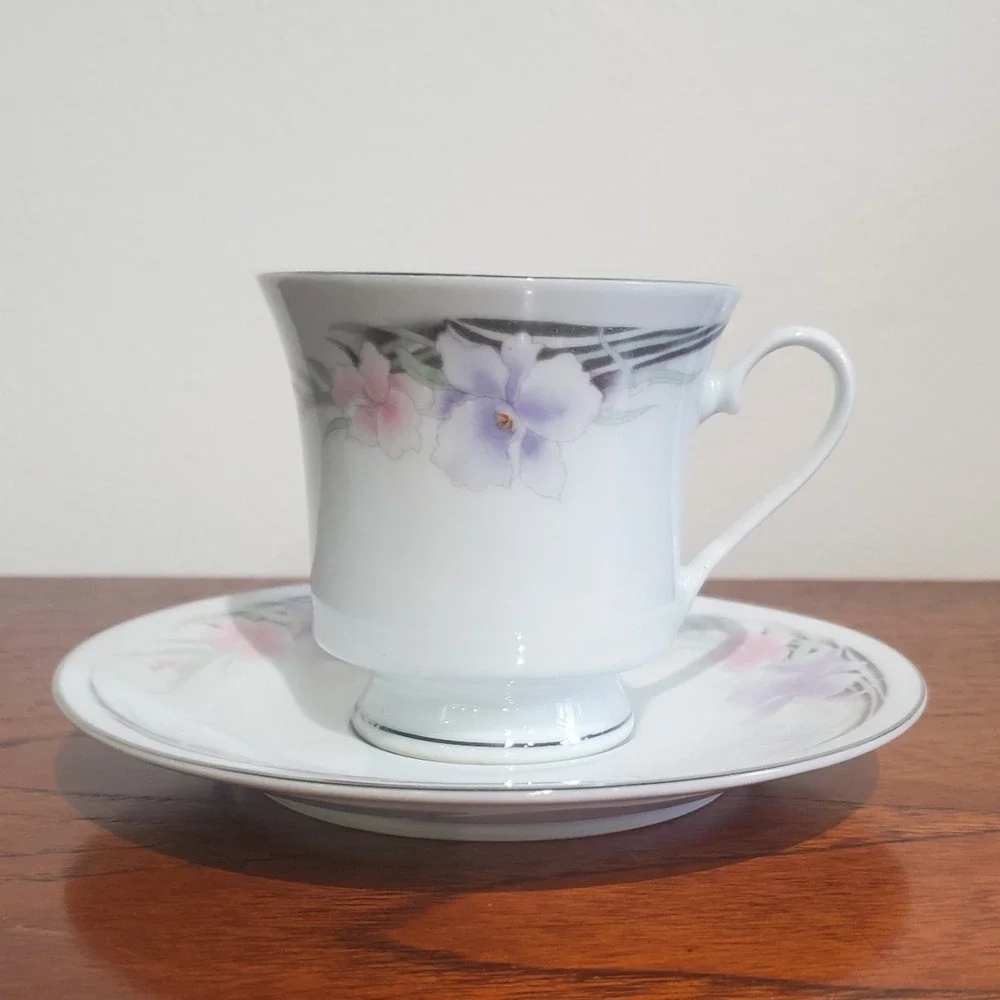 Teacup and saucer set by China Pink & Lavender Flowers discontinued pattern CX65